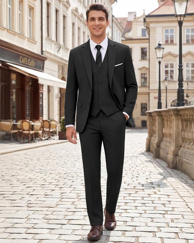 Detalle de WULFUL Men’s Slim Fit 3-Piece Suit Set (Two-Button Blazer, Vest & Pants)