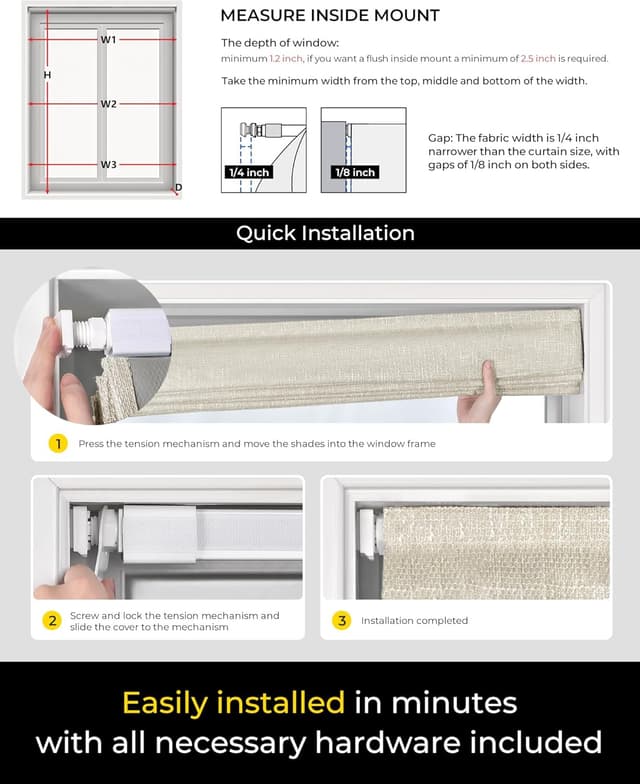 Detalle de No Tools No Drill Cordless Roman Shades (35" W × 64" H) 100% Blackout Beige for Inside-Mount Windows