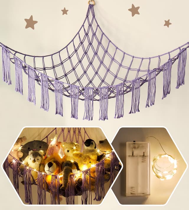 Detalle de RelaxScene Stuffed Animal Hammock Corner with LED Light (Plushie Net Organizer) — Purple Nursery Storage