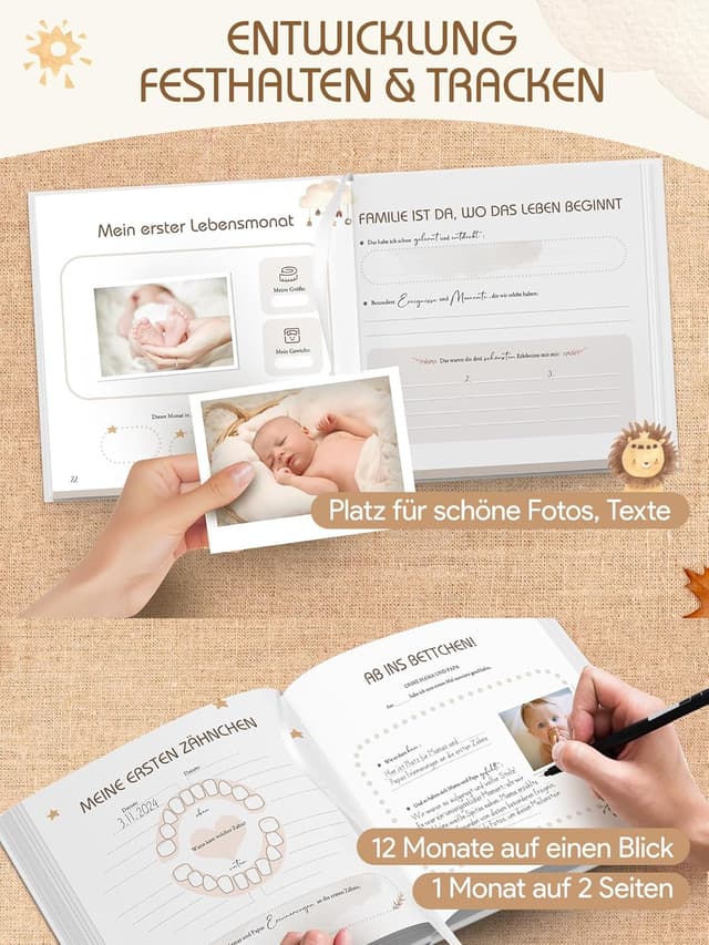 Detalle de Babybuch „Mein erstes Jahr“ – Babyalbum Erinnerungsbuch für das 1. Lebensjahr im Boho-Stil (21,5 x 21,5 cm)