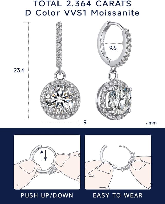 Thumbnail 5 de Momentwish Moissanite Drop Hoop Earrings (2 Carat) with Pendant Charm, 925 Sterling Silver Huggie Hoops