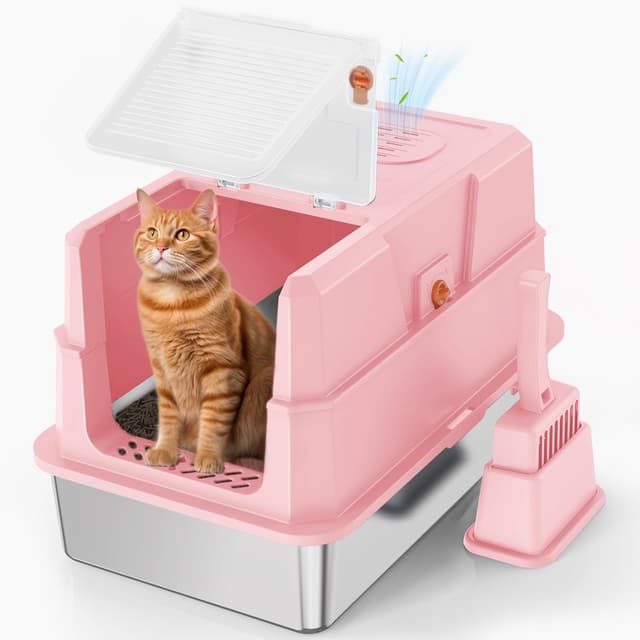 Detalle de SZEE Stainless Steel Cat Litter Tray with Lid (Pink) — Easy-clean covered tray