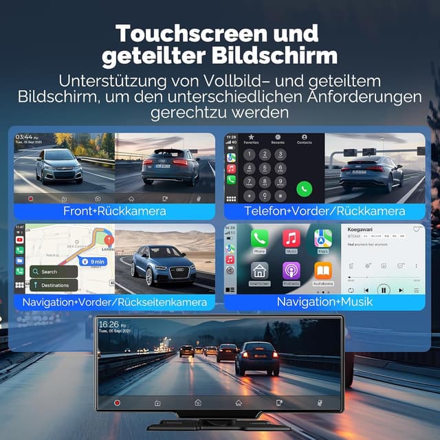 Detalle de Alpinetech 11 Zoll CarPlay & Android Auto Display mit 4K-Dashcam, Rückfahrkamera, Bluetooth und MirrorLink (64G TF)