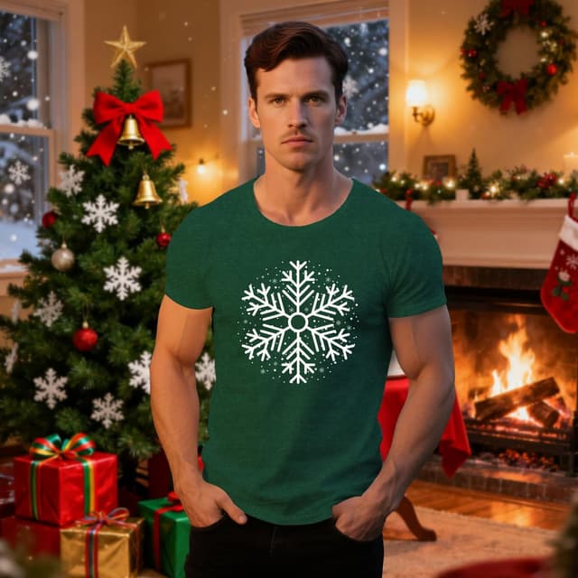 Detalle de Qskall men’s Christmas snowflake T-shirt (green or red) – festive casual holiday tee