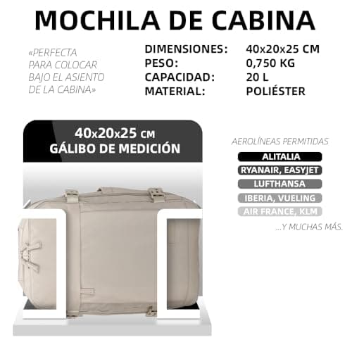 Detalle de RAYKONG Mochila Cabina Ryanair 40x20x25 cm (20 L) impermeable para portátil de 14” en color khaki