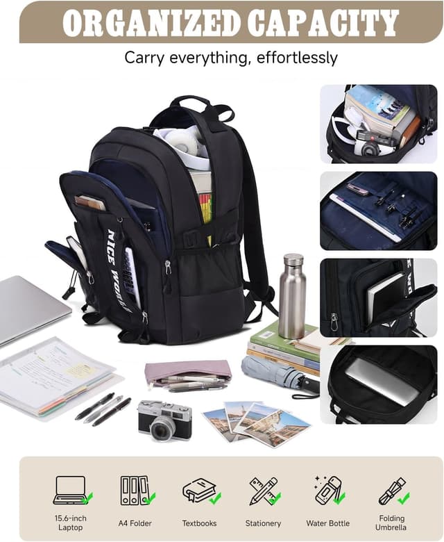 Detalle de Amythe zaino impermeabile leggero per ragazzi 10–22 anni con scomparto per laptop 15.6" (29L) – Nero