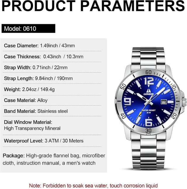 Thumbnail 6 de LN LENQIN Herrenarmbanduhr aus Edelstahl mit Quarzwerk, analogem Zifferblatt und Datumsanzeige (3 ATM)