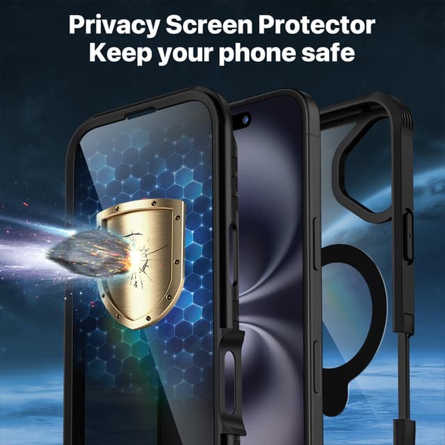 Detalle 2 de CENHUFO iPhone 16 Plus case with built-in privacy screen protector, clear back & 360° magnetic ring stand (Black)