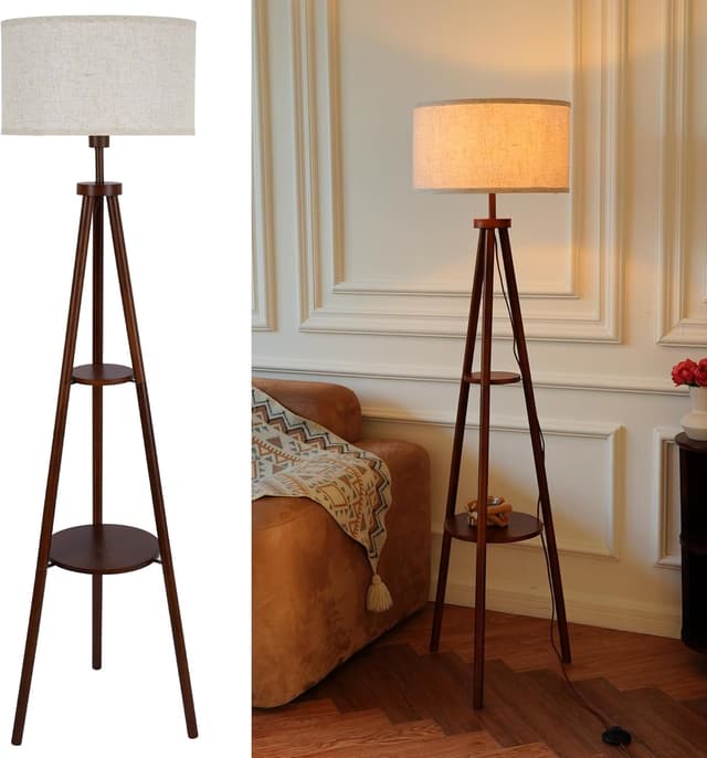 Detalle de LuminexDesigns Lampada da Terra Vintage su Treppiede in Legno con Ripiano e Paralume in Tessuto (interruttore a pedale)