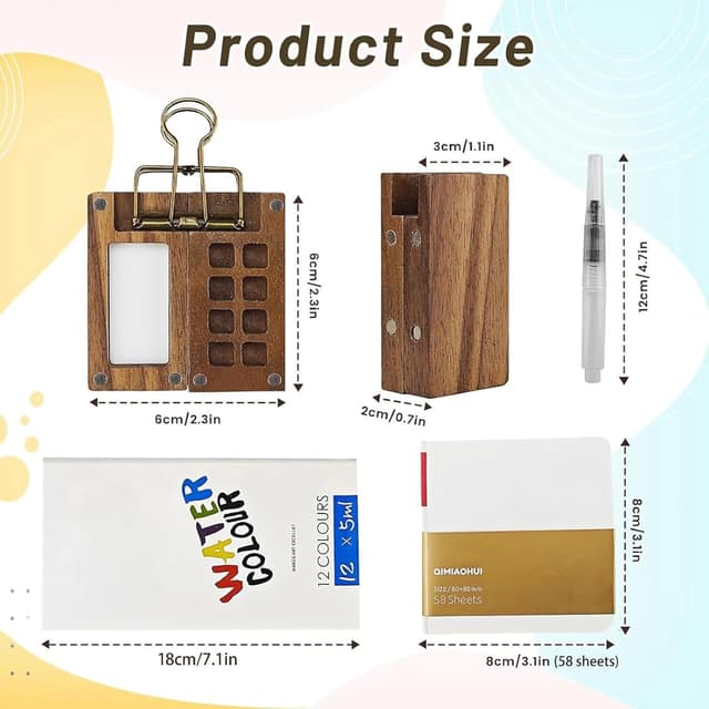 Detalle 2 de 5 Pcs Portable Watercolor Palette (8 grids) travel watercolour set with foldable wooden lid and sketchbook