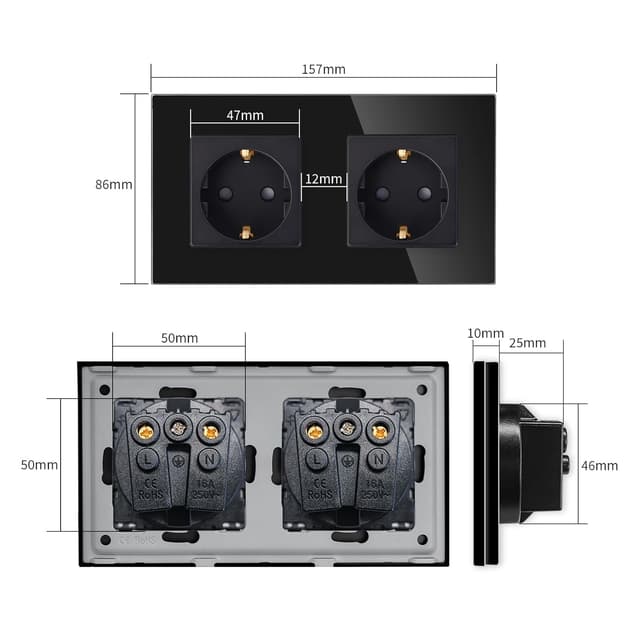 Detalle de LIAONFOY Schuko Doppel-Steckdose mit Kindersicherung & Glasrahmen (Unterputz, schwarz, 2-fach)
