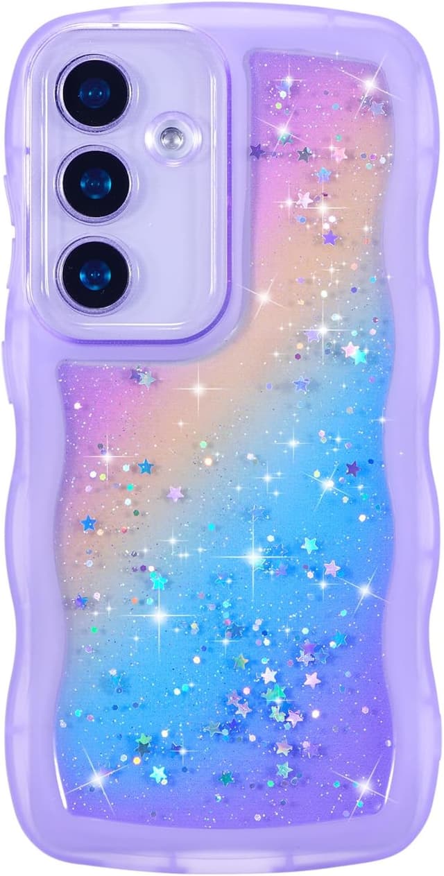 Detalle de ZTOFERA Galaxy A15 4G/5G Case (6.5") — Curly Wave TPU Cover with Rainbow Star Glitter, Clear TPU Shockproof Phone Protection