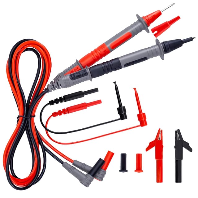 Detalle de KAIWEETS KET01 Multimeter Test Leads Kit (8 pieces) with alligator clips, needle probes and mini-hooks