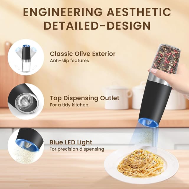 Detalle 2 de KIARYUOLL Gravity Electric Salt and Pepper Grinder Set (2-Pack, Black) with LED Light