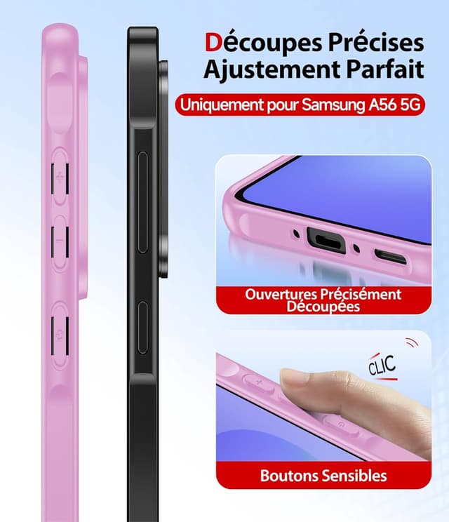 Thumbnail 6 de Coque LeYi pour Samsung Galaxy A56/A56 5G avec 2 verres trempés et protection caméra/écran (rose carmin)
