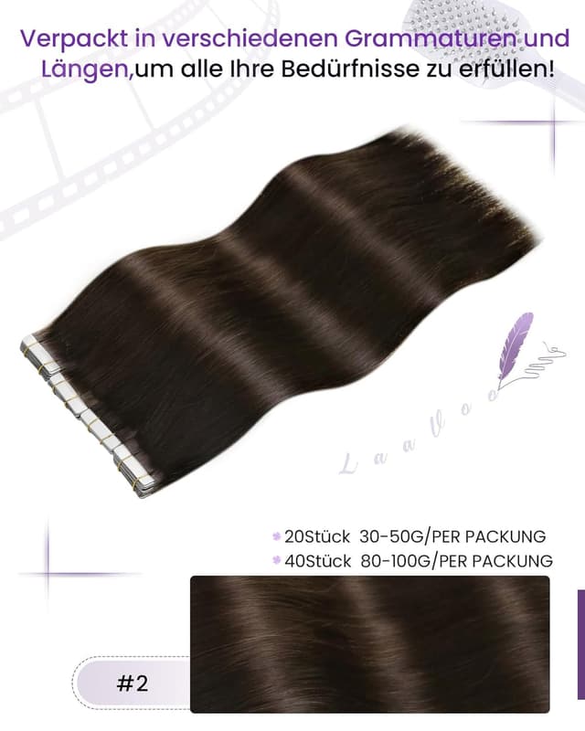 Detalle de LaaVoo Tape-in Echthaar Extensions (Remy), dunkelbraun, 50 cm – 40 Tapes