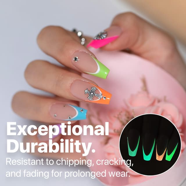 Detalle de SXC Cosmetics X-Pro Tips French Tip Press On Nails (Bright Pastel Glow in the Dark) — Coffin GLOW120KIT-M
