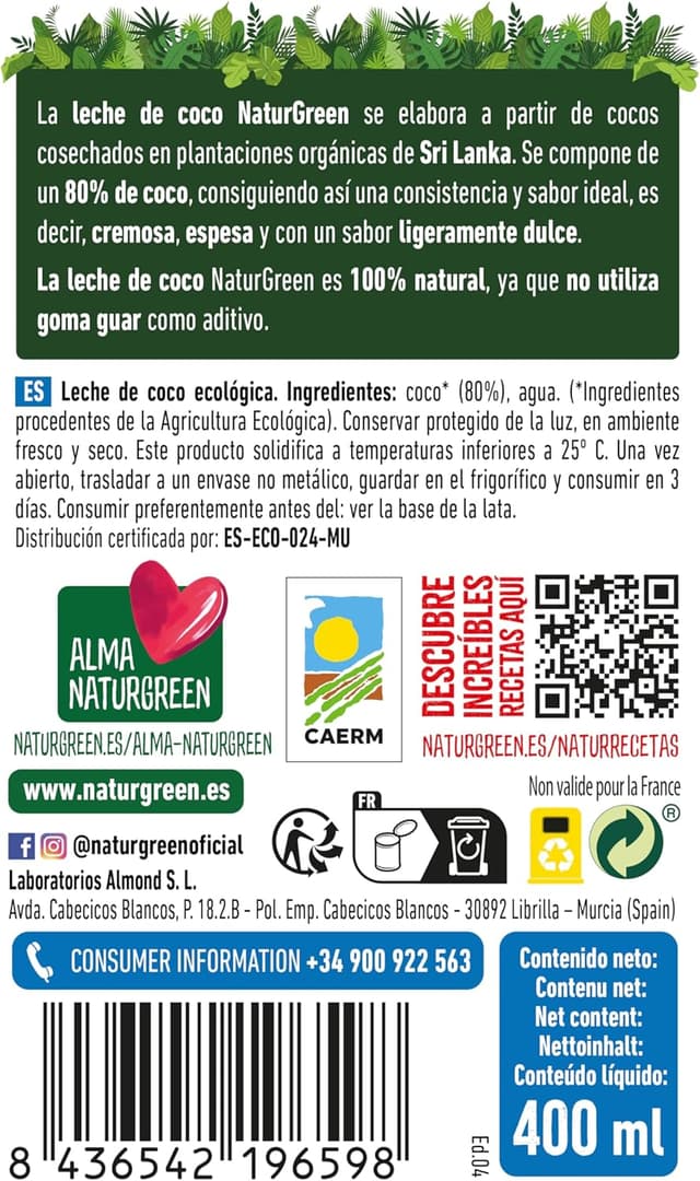 Thumbnail 3 de NaturGreen Leche de Coco BIO Cremosa y Ecológica 400 ml 🥥