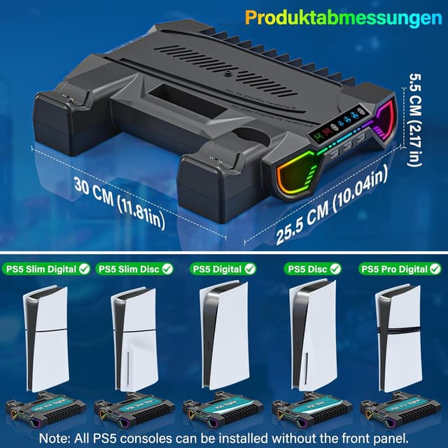 Detalle 2 de ZRZLMVP PS5/PS5 Slim/PS5 Pro Ständer mit Controller-Ladestation, Lüfter & 3-USB-Hub (RGB) – Schwarz