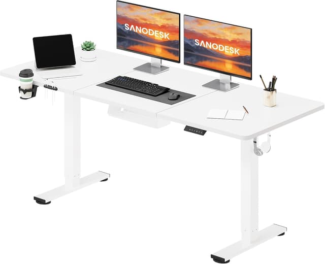 Detalle de SANODESK 160 x 60 Electric Standing Desk (Height Adjustable) with Smart Memory Panel, Hooks & Cupholder Tray