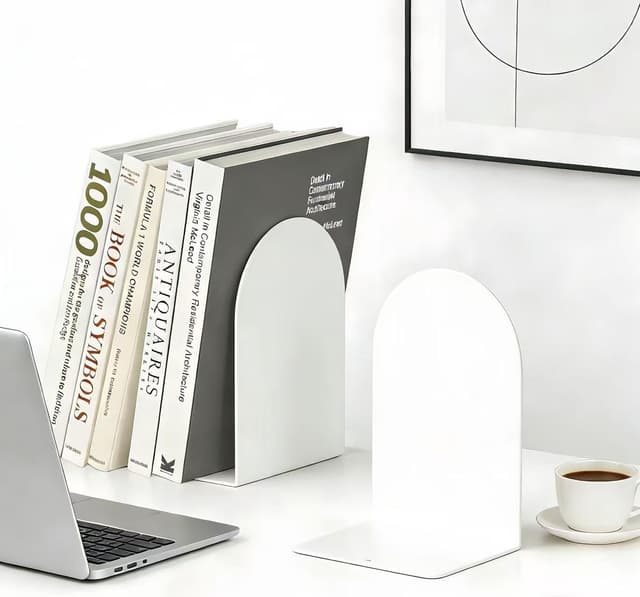 Detalle 2 de Deefongo Buchstützen Metall (8 Stück) – schwere Bookends in Weiß für Schule, Büro & Zuhause