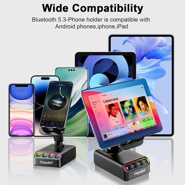 Detalle 1 de Hupoaf Adjustable Cell Phone Stand with Wireless Induction Bluetooth Speaker and RGB Ambient Lighting