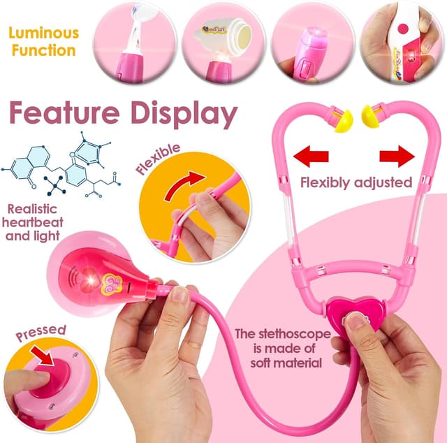 Detalle 2 de BUYGER Girls Doctor Nurse Vet Set Medical Play Kit (Pretend Stethoscope with Lights & Sounds) + Carry Case
