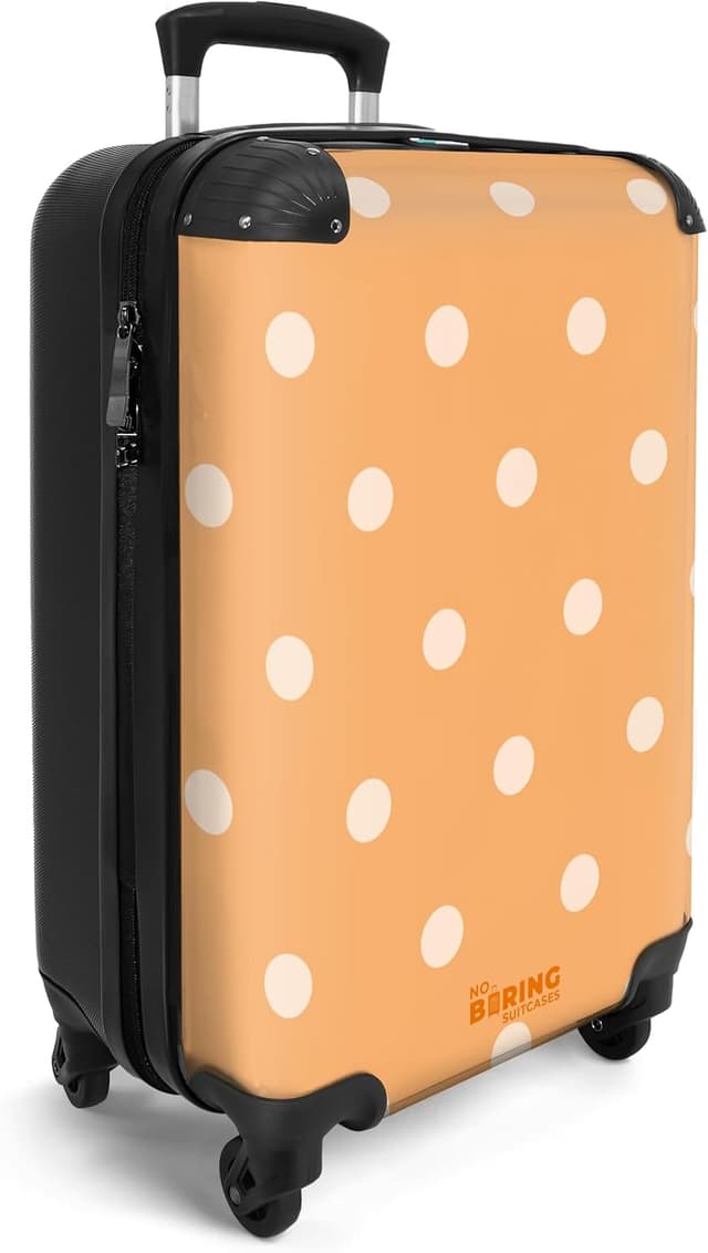 Detalle de NoBoringSuitcases.com Handgepäck-Koffer Trolley 55×35×20 cm mit 4 Rollen – Hartschale mit Zahlenschloss (Punkte, Orange/Weiß)