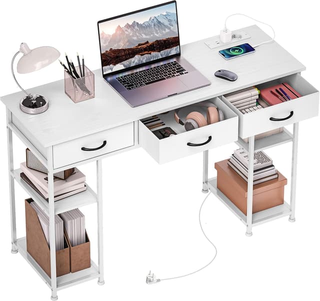 Detalle de HOMCOM Bureau d’ordinateur blanc 120 x 40 cm avec station de charge USB et 3 tiroirs en tissu