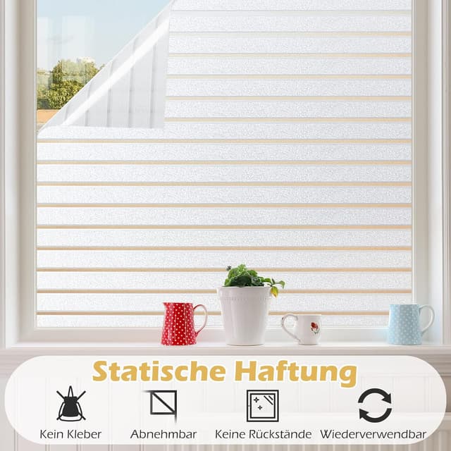 Detalle 2 de rabbitgoo Fensterfolie Streifen Sichtschutzfolie selbstklebend Milchglasfolie 44,5 x 150 cm – Anti-UV