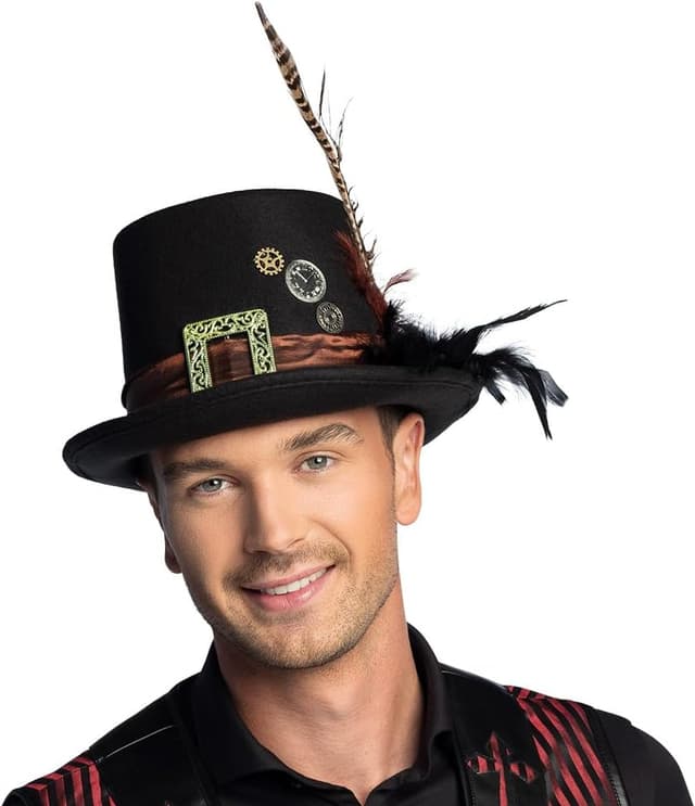 Detalle de Boland Steampunk-Plumepunk Hut mit Zahnrädern (Schwarz) – Accessoire für Kostüm, Mottoparty, Karneval & Halloween