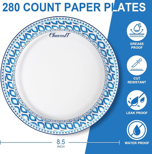 Detalle 2 de Clawsoff 8.5 Inch Paper Plates Bulk (280 Count) — Heavy-Duty Cut & Soak Proof Disposable Plates