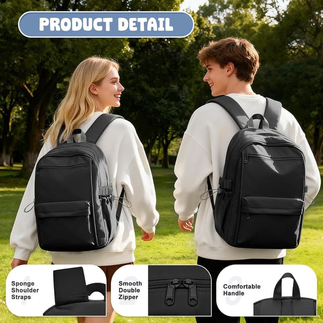 Detalle 2 de BOXSAM Schulrucksack für Teenager (24 Liter) – wasserabweisend, mit Laptopfach bis 14 Zoll, schwarz