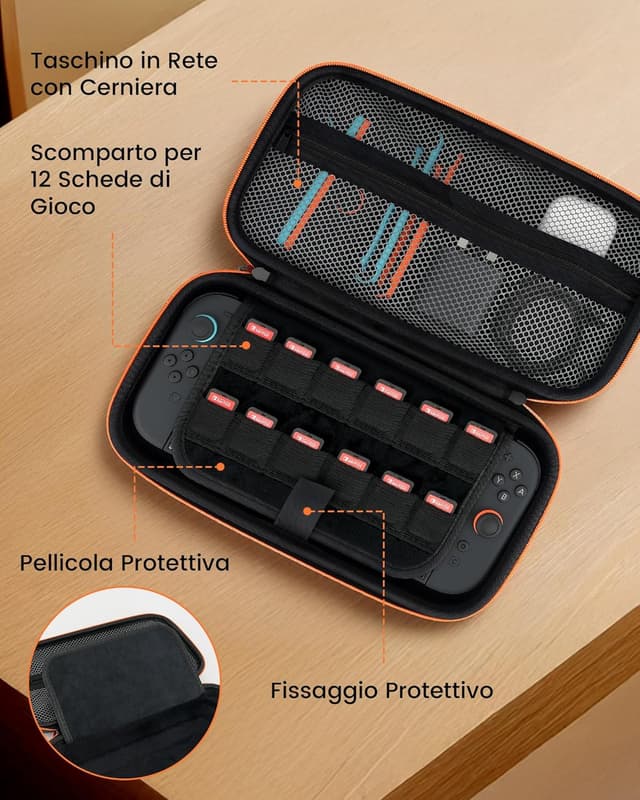 Detalle de Custodia rigida da viaggio per Nintendo Switch 2 con alloggiamento alimentatore e 12 slot giochi (nero)
