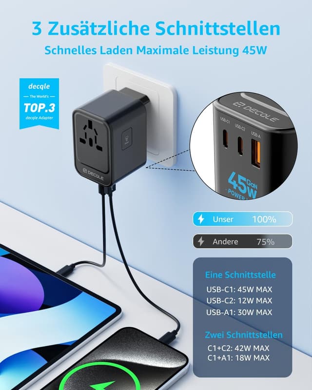 Detalle de decqle Reiseadapter Weltweit – Universal-Reisestecker mit 2× USB‑C (GaN 45 W), USB‑A und AC‑Steckdose (EU/UK/US/AU, schwarz)