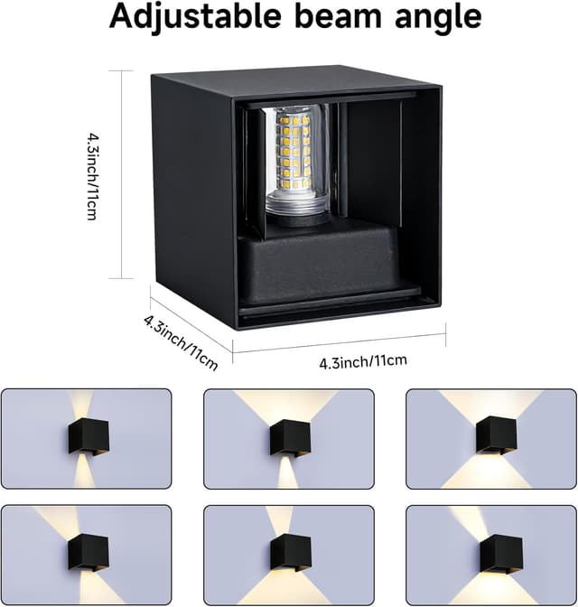 Detalle de Wisdom Line applique da parete interno/esterno 4 pezzi 9W 3000K bianco caldo IP65 con angolo regolabile 0-120° (nero)