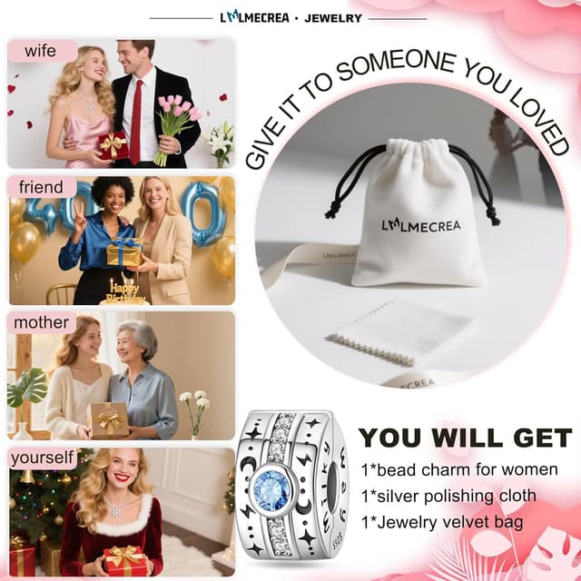 Detalle de LMLMECREA Charms Stopper für Armband aus 925 Sterling Silber mit Clip (Mond & Sterne) – Spacer Bead für europäische Armbänder