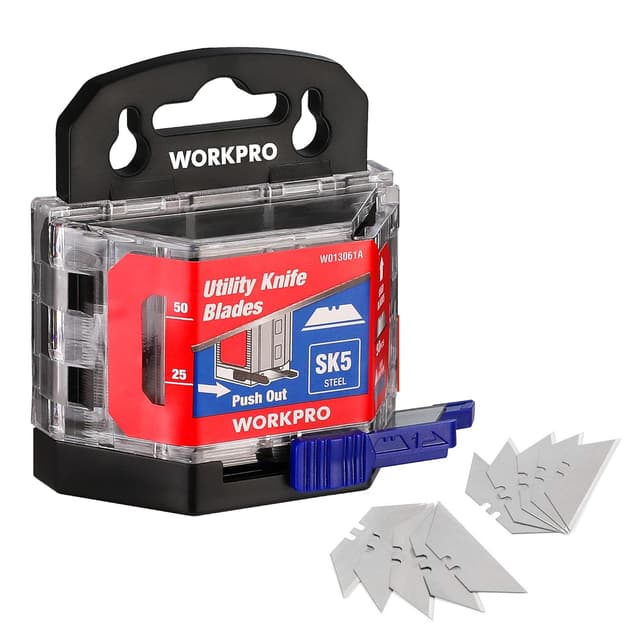 Detalle de WORKPRO Lame trapèze en acier SK5 pour cutter avec distributeur (lot de 50 pièces)