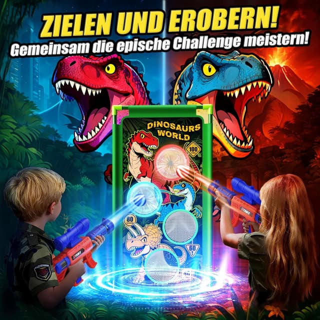Detalle 2 de Dinosaurier-Schießspielzeug für Jungen (ab 3–12 Jahre) – 2 Popper-Pistolen mit Schaumbällen