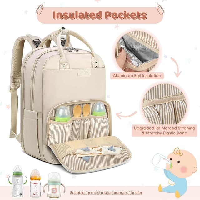 Detalle 2 de RAINSMORE Baby Wickelrucksack Groß – 3-teiliges Wickelset mit Kinderwagengurten, Wickelunterlage und wasserdichten Fächern (Aprikose)
