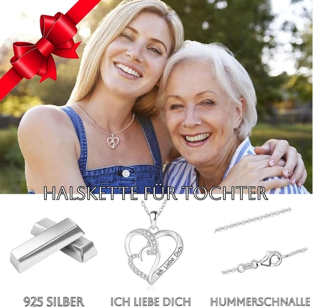 Detalle 2 de Jbniuay Tochter-Halskette mit S925 Doppelherz-Anhänger und Gravur „Ich liebe dich“