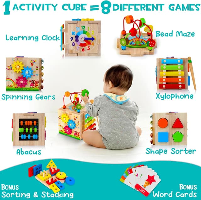 Detalle de HELLOWOOD Wooden Activity Cube 8-in-1