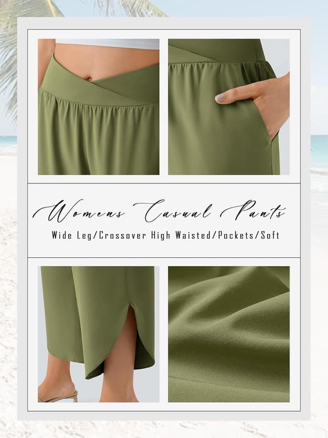 Detalle 2 de Phophila Wide Leg Capri Pants for Women — Crossover High-Waist Casual Palazzo Slacks with Pockets