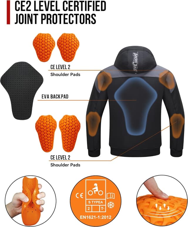 Detalle de BORLENI Herren Winter Motorradjacke mit herausnehmbaren CE-Protektoren (wasserabweisend, winddicht) inkl. Innenfutter, XXXL