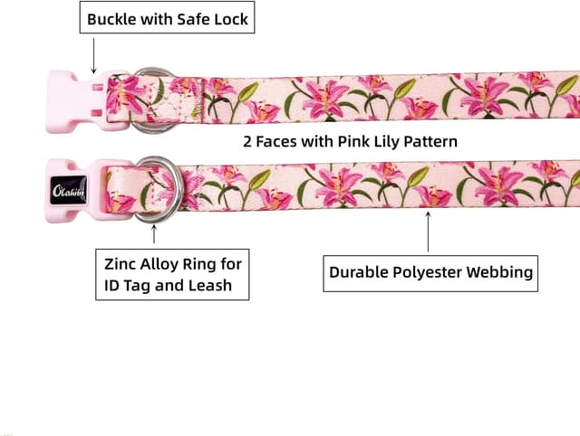 Detalle de Olahibi Basic Dog Collar (S, Pink Lily) – soft and adjustable polyester collar for small dogs