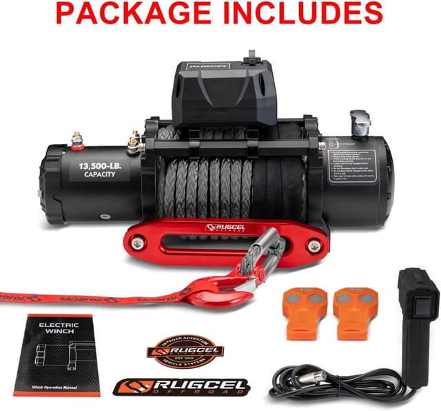 Detalle de RUGCEL WINCH 13500lb Waterproof Electric Truck Winch (12V, Synthetic Rope) with Wired & Wireless Remote