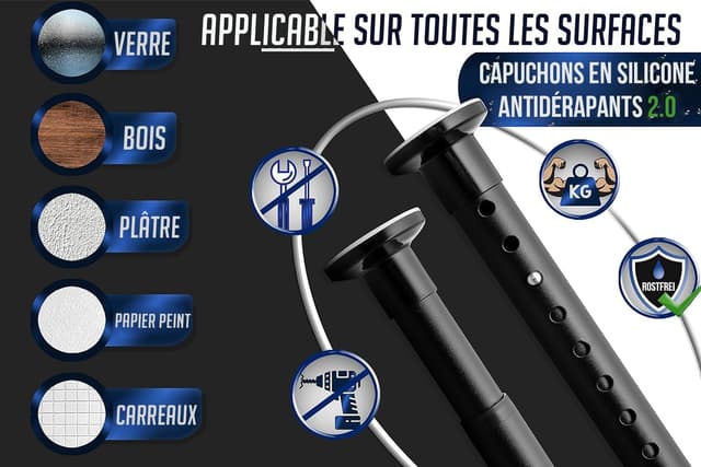 Detalle de Tringle extensible MEISENBERG 160–210 Noir (Ø 25 mm) sans perçage pour rideaux