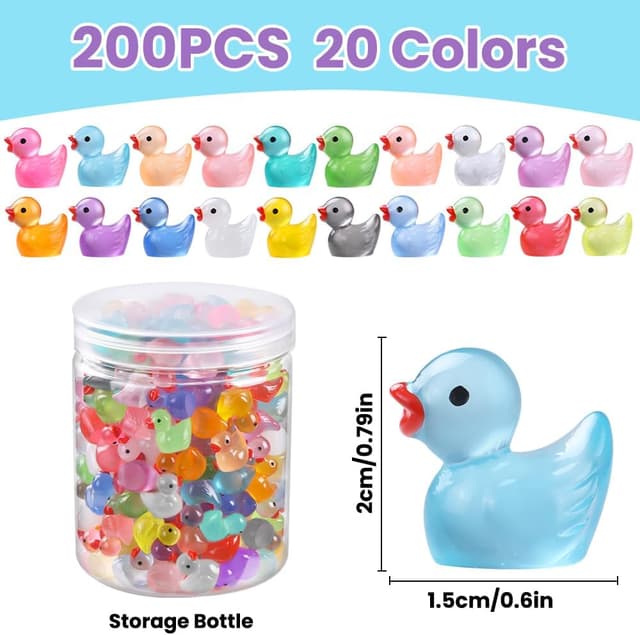 Detalle 2 de DULEFUN 200pc Luminous Mini Resin Ducks (20 Colors) for Micro Gardens, Dollhouses & Glow Crafts
