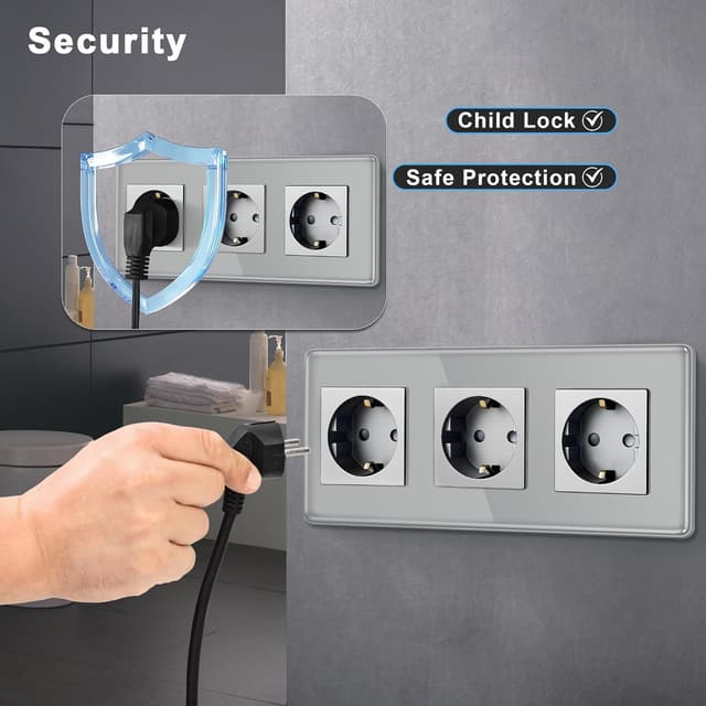 Detalle 2 de TAWOIA Schuko-Unterputz-Steckdose 3-fach (EU-Standard), 2,5D gebogene Glasplatte, grau