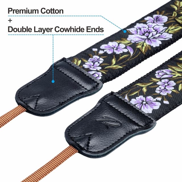 Detalle 2 de Cowhide camera strap 2 inch wide purple flower